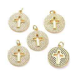 Настоящее золото 18K Латунные микропаве прозрачные подвески с фианитом, с целью перехода в кольце, долговечный, плоские круглые с крестом, реальный 18 k позолоченный, 22x19x2.5 мм, кольца прыжок: 5x1 мм, 3 мм внутренним диаметром