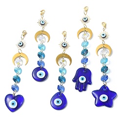 Medium Blue Handmade Evil Eye Lampwork Pendant Decorations, with Octagon Glass Beads and Moon Link, 304 Stainless Steel Lobster Claw Clasps, Star/Heart/Flat Round/Teardrop/Hamsa Hand, Medium Blue, 166~190mm