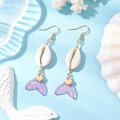 Фиолетовый Серьги-подвески из натурального стекла с ракушками каури, с 304 нержавеющей стали серьги крючки, рыбий хвост, золотые, фиолетовые, 68~73x20 мм