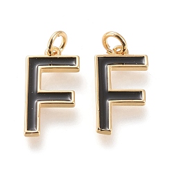 Letter F Латунь эмаль подвески, с целью перехода в кольце, долговечный, реальный 18 k позолоченный, буква f, чёрные, буква f, F: 18x9.5x1.8 мм, прыжковые кольца: внутренний диаметр: 3 мм
