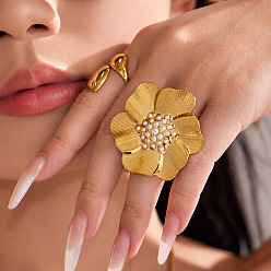 Golden 316 Fingerringe aus Edelstahl und Perlmutt für Damen, Blume, Statement-Ringe, golden, us Größe 7 (17.3 mm)