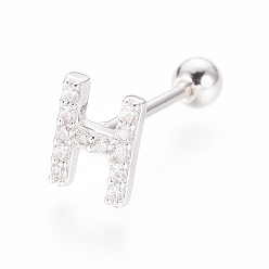 Letter H Boucles d'oreilles en argent sterling plaqué rhodium, micro pavé, zircone cubique transparente, haltère, cartilage, letter.h, 925mm, pin: 6.5x5x1.5 mm