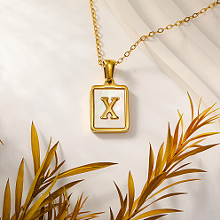 Letter X Прямоугольник 304 ожерелья с инициалами из нержавеющей стали с натуральным белым ракушечником для женщин, реальный 18 k позолоченный, Письмо X, 15.75 дюйм (40 см)