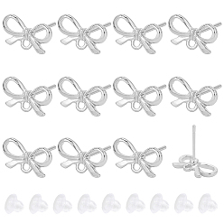 Silver 60Pcs Bowknot Alloy Stud Earring Findings, with 304 Stainless Steel Steel Pins & Loop, Cadmium Free & Lead Free, with 60pcs Eco-Friendly Plastic Ear Nuts, Silver, 8x13.5mm, Hole: 1.6mm, Pin: 0.8mm