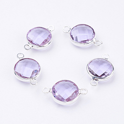 Alice Blue Silver Color Plated Brass Glass Flat Round Links connectors, Faceted, Alice Blue, 15x8.5x3.5mm, Hole: 1.5mm