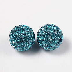 Blue Zircon Pave Disco Ball Beads, Polymer Clay Rhinestone Beads, Grade A, Round, Blue Zircon, PP14(2~2.1mm), 10mm, Hole: 1.0~1.2mm