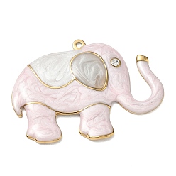 Pink 304 Stainless Steel with Enamel & Crystal Rhinestone Big Pendants, Elephant Charms, Ion Plating(IP), Real 18K Gold Plated, Pink, 45.5x61x4.5mm, Hole: 2.1mm