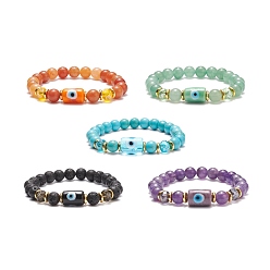 Смешанные камни Эластичный браслет с круглыми бусинами и драгоценными камнями, колонка с дурным глазом браслет лэмпворк для женщин, внутренний диаметр: 2-1/8 дюйм (5.25 см)