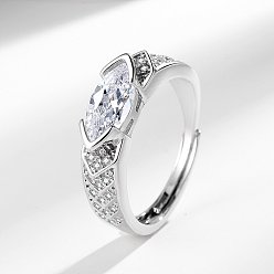 Прозрачный Кольца для пальцев из латуни с микропаве из кубических цирконий в форме конского глаза, платина, прозрачные, внутренний диаметр: регулируемый