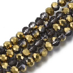 Pink Гальванизируйте прозрачное стекло бисер нитей, половина золотым покрытием, граненые, рондель, розовые, 8x6 мм, отверстие : 1 мм, около 60~62 шт / нитка, 39~40 см