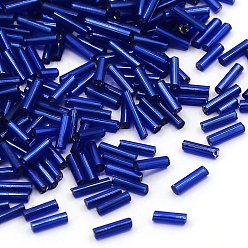 Medium Blue Glass Bugle Beads, Silver Lined, Medium Blue, 6~8x1.8mm, Hole: 0.6mm, 10000pcs/pound
