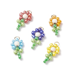Gemischte Farbe Anhänger aus Glasperlen, mit synthetischen türkisfarbenen Perlen und Nylondraht, Blume, Gemischte Farbe, 16~17x10x4.2 mm, Bohrung: 1.5x3 mm