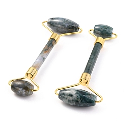 Moss Agate Natural Moss Agate Brass Face Massager, Facial Rollers, Golden, 142~150x54~58x19~22mm