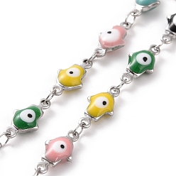 Colorful Enamel Hamsa Hand with Evil Eye Link Chains, with 304 Stainless Steel Findings, Stainless Steel Color, Unwelded, with Spool, Colorful, 11.5x5.5x3.5mm