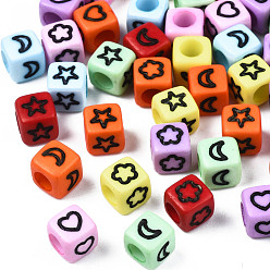Mixed Color Opaque Acrylic Beads, Cube with Black Moon & Star, Mixed Color, 6x6mm, Hole: 3.5mm,  about 2900pcs/500g