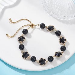 Обсидиан Браслеты-слайдеры из стекла и натурального обсидиана, цепочка для женщин, круглый и клевер, 11-3/8 дюйм (29 см)