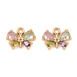 Real 18K Gold Plated Brass Micro Pave Colorful Cubic Zirconia Charms, Butterfly Charms, Real 18K Gold Plated, 8x10x3mm, Hole: 1.2mm