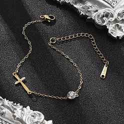 Cross 201 трос из нержавеющей стали цепи браслеты, 201 браслеты из нержавеющей стали ссылка для женщин, со стразами, реальный 18 k позолоченный, крестик, 6-3/4 дюйм (17.3 см)