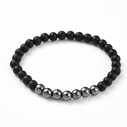 (946F)Морозный цвет внутри  Жонкиль / Непрозрачная зеленая подкладка Браслеты-стрейч унисекс из натурального черного агата (окрашенного), с немагнитных синтетическими гематита бисера, круглые, 2-1/4 дюйм (5.85 см)