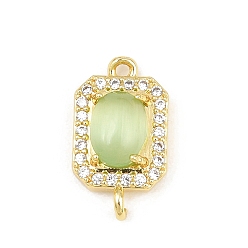 Vert Jaune Breloques de connecteur en laiton micro pavé de zircone cubique transparente, liens rectangle, avec des yeux de chat, crémaillère plaquage, plaqué longue durée, sans plomb et sans cadmium, réel 18 k plaqué or, vert jaune, 17x9.5x5.5mm, Trou: 1.2mm