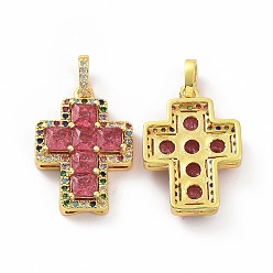 Cerise Brass Micro Pave Clear Cubic Zirconia Pendants, Cross, Religion, Cerise, 24x17x5mm, Hole: 3.5x5~5.5mm