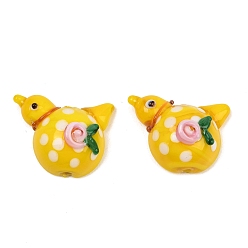 Yellow Handmade Lampwork Beads, Peace Dove with Flower, Yellow, 19x25x11mm, Hole: 1.8mm
