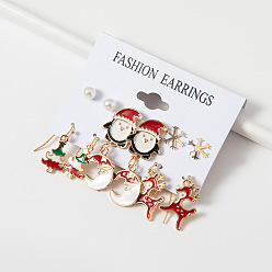 Золотой 6 Наборы рождественских сережек-подвесок и сережек-гвоздиков из цинкового сплава с эмалью, стразами и пластиковыми жемчужинами., разнообразные, золотые, золотые, 6~30x6~18 мм