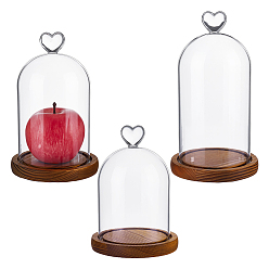 Прозрачный 3шт 3 стили стеклянный купол крышка, декоративная витрина, Террариум в форме колокольчика на деревянном основании, арка и сердце, прозрачные, 123x170~215 мм, 1 шт / стиль