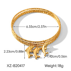 Dolphin 304 Stainless Steel Charm Bangle Sets, Real 18K Gold Plated, Dolphin, Inner Diameter: 2.58 inch(6.55cm), 3pcs/set