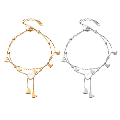 Золотой & Цвет Нержавеющей Стали 2 шт. 2 браслеты на ногу из нержавеющей стали и ракушек в форме сердца, двухслойные кабельные цепочки для женщин, золотые и нержавеющая сталь цвет, 8-1/8 дюйм (207 мм), 1 шт / цвет