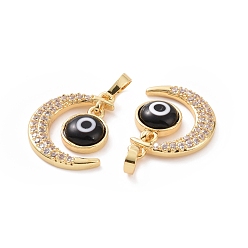 Black Brass Micro Pave Cubic Zirconia Pendants, with Handmade Evil Eye Lampwork, Crescent Moon Charm, Real 18K Gold Plated, Black, 23x16x4mm, Hole: 4x6mm