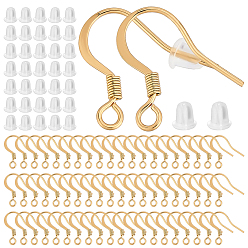 Настоящее золото 18K 160шт 304 французские серьги из нержавеющей стали, плоские крючки для серег, провод уха, с горизонтальной петлей, 200 гайки ушные пластиковые, реальный 18 k позолоченный, 15x17x2 мм, отверстие : 2 мм, 21 датчик, штифты : 0.7 мм