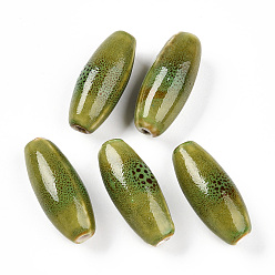 Светло-зеленый Коричневый Фарфоровые бусины ручной работы, фантазии античного стекла фарфора, овальные, оливковый, 30~32x12~13.5 мм, отверстие : 2~3.5 мм
