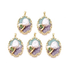 Средний Фиолетовый Латунь эмаль подвески, овальные и цветочные подвески, с ABS имитации жемчуга, реальный 18 k позолоченный, средне фиолетовый, 30.5x22x9 мм, отверстие : 4~5x2.5 мм