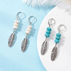 Античный Серебристый & Платиновый 2 пары серег-колец из сплава в форме перьев, с синтетической бирюзой и 304 железной фурнитурой для сережек, старинное серебро и платина, 61.5x9.5 мм