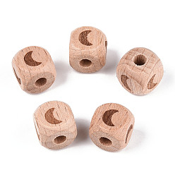 Луна Гравированные бусины из бука, неокрашенными, кубические, луна, 12x12x12 мм, отверстие : 4~4.5 мм