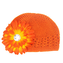 Темно-Оранжевый Ручная работа вязания крючком детская шапочка, С тканевыми цветами, темно-оранжевый, 180 мм
