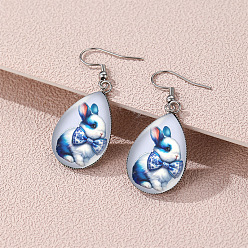 Озёрно--синий Пасха 304 Серьги-подвески из нержавеющей стали и стекла, слезинка с рисунком кролика, платина, Плут синий, 45x18 мм