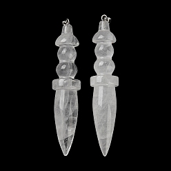 Хрусталь Природный кристалл кварца большие подвески, подвески в форме мечей из горного хрусталя с застежками-кнопками из нержавеющей стали, цвет нержавеющей стали, 69~71x14~14.5 мм, отверстие : 5x3.5 мм