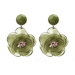 Цвет Оливы Серьги-гвоздики из шифона, смолы и пластика, цветок, оливковый, 60x40 мм