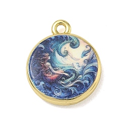 Prussian Blue Printed Brass Pendants, Flat Round with Mermaid Charms, Golden, Prussian Blue, 17.5x15x3.5mm, Hole: 1.6mm