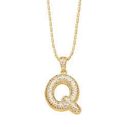 Letter Q Brass Micro Pave Cubic Zirconia Pendant Necklaces, Golden, Letter Q, 16.54 inch(42cm), Pendant: 24~30x13~22mm