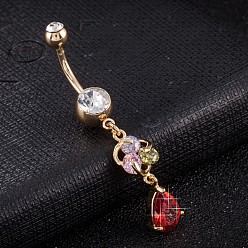 Rot Piercing-Schmuck, Messing Zirkonia Nabel Ring, Bauchringe, mit 304 Edelstahlleiste, cadmiumfrei und bleifrei, echt 18 k vergoldet, Träne, rot, 50x8 mm, Stangenlänge: 3/8"(10mm), Stange: 14 Spurweite(1.6mm)