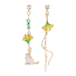 Cat Shape Асимметричные серьги-гвоздики из золотистого сплава с эмалью, Женские серьги-подвески с искусственным жемчугом и стразами, форма кошки, 66~73x14~16 мм