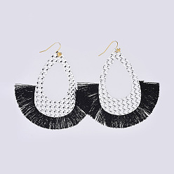 Azure PU Leather Dangle Earrings, with Nylon Tassel and Brass Earring Hooks, Teardrop, Golden, Azure, 82mm, Pin: 0.7mm