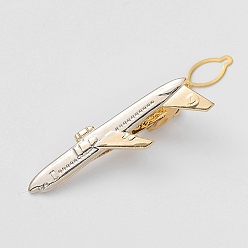 Airplane Brass Collar Tie Clips with Chain for Men, Golden & Silver, Airplane, 60x17mm