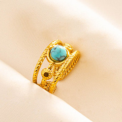 Синтетическая Бирюза Регулируемые 304 манжеты из нержавеющей стали с открытыми кольцами для женщин, круглые, с синтетическими бирюзовый, золотые, 11 мм, внутренний диаметр: 17 мм