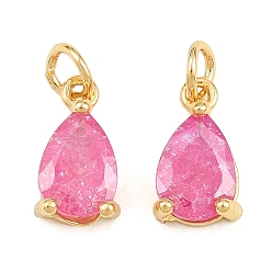 Ярко-Розовый Подвески из латуни и стекла, очарование слезы, реальный 18 k позолоченный, граненые, ярко-розовый, 10x5.5x4 мм, отверстие : 2.3 мм