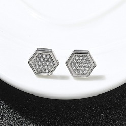 Шестиугольник 304 Серьги-гвоздики из нержавеющей стали с прозрачным фианитом и микропаве, цвет нержавеющей стали, шестиугольник, 12x10.5 мм