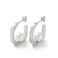 Stainless Steel Color 304 Stainless Steel Stud Earrings, with Glass Pearl, C-shape, Stainless Steel Color, 24x3mm
